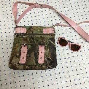 Pink camo crossbody purse and sunglasses Lot